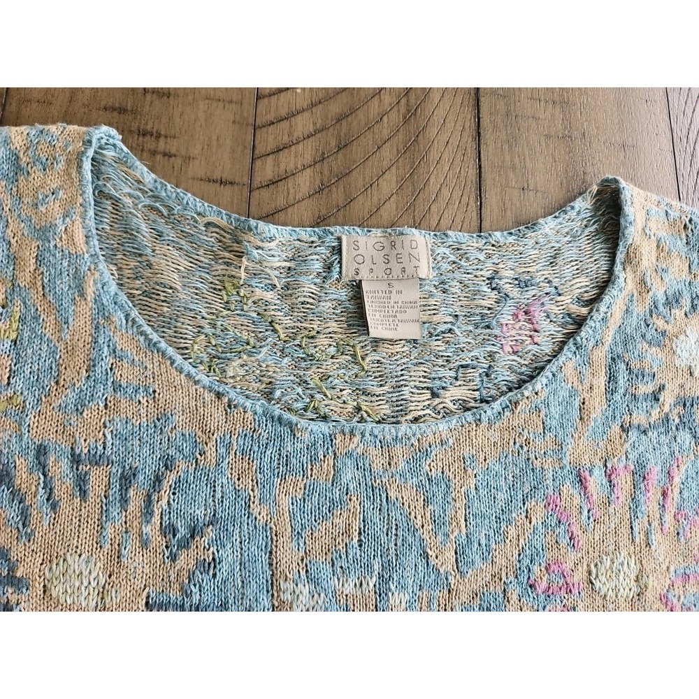 VTG Sigrid Olsen Top S Pink Blue Knitted Floral Linen Cotton Coastal Cottage - Picture 3 of 16